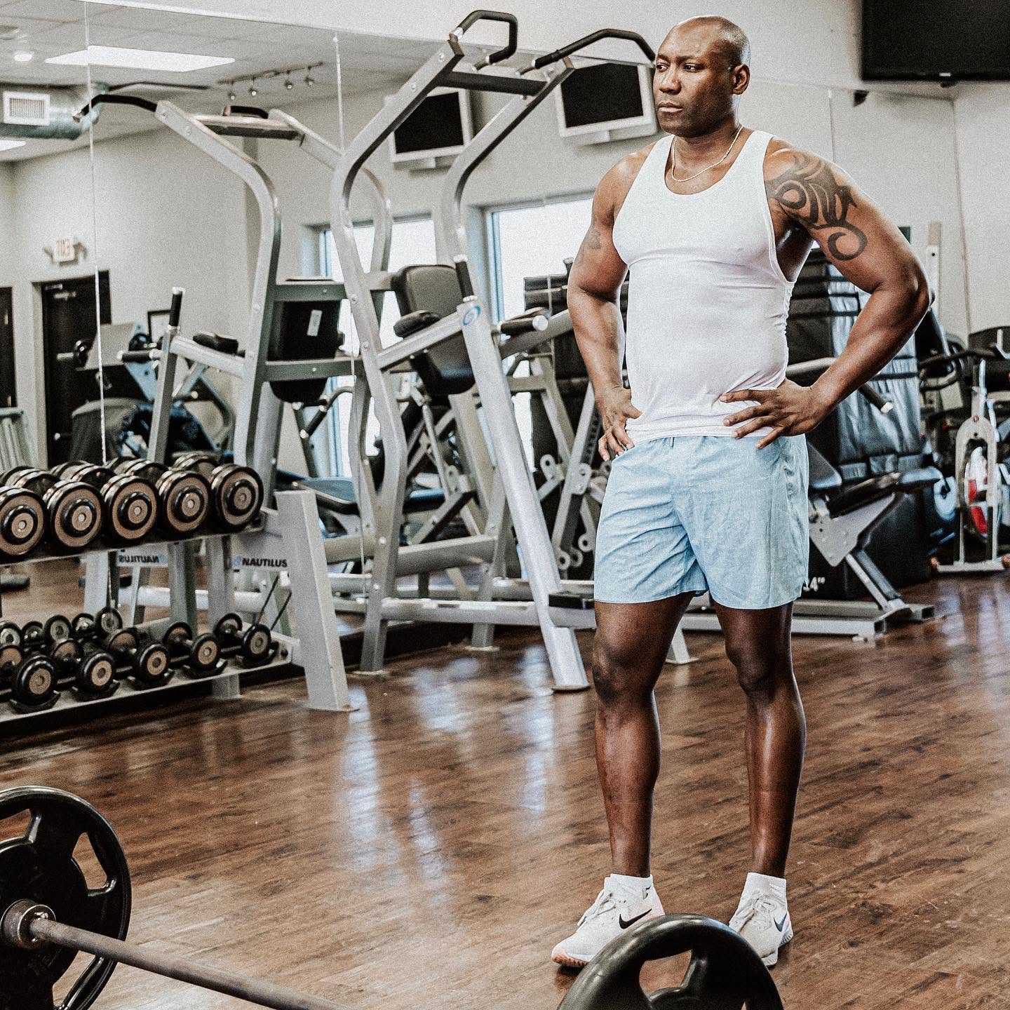 Alex 'Mr. 101' Ampadu in the weight room of his private Brownsville studio, where every session is one client, one trainer